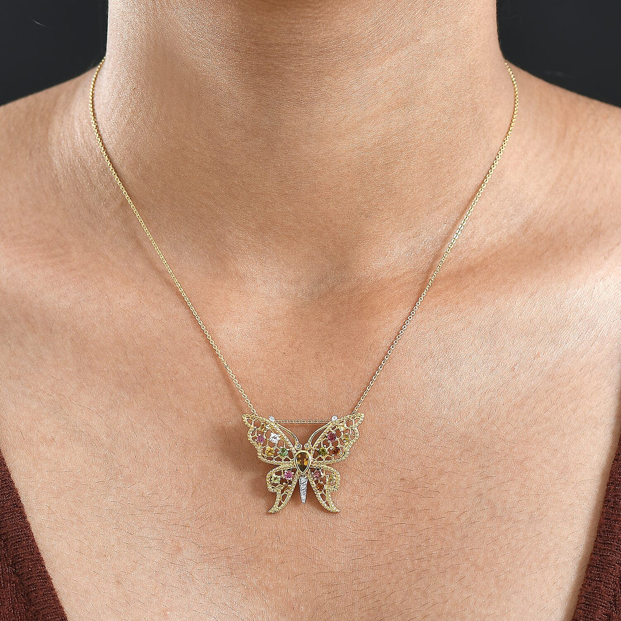 GP Italian Garden Collection - Multi-Tourmaline, Blue Sapphire &amp; White Zircon Butterfly Pendant with Chain (Size 20) in 18K Vermeil Yellow Gold Plated Sterling Silver 1.26 Ct 4435076 4