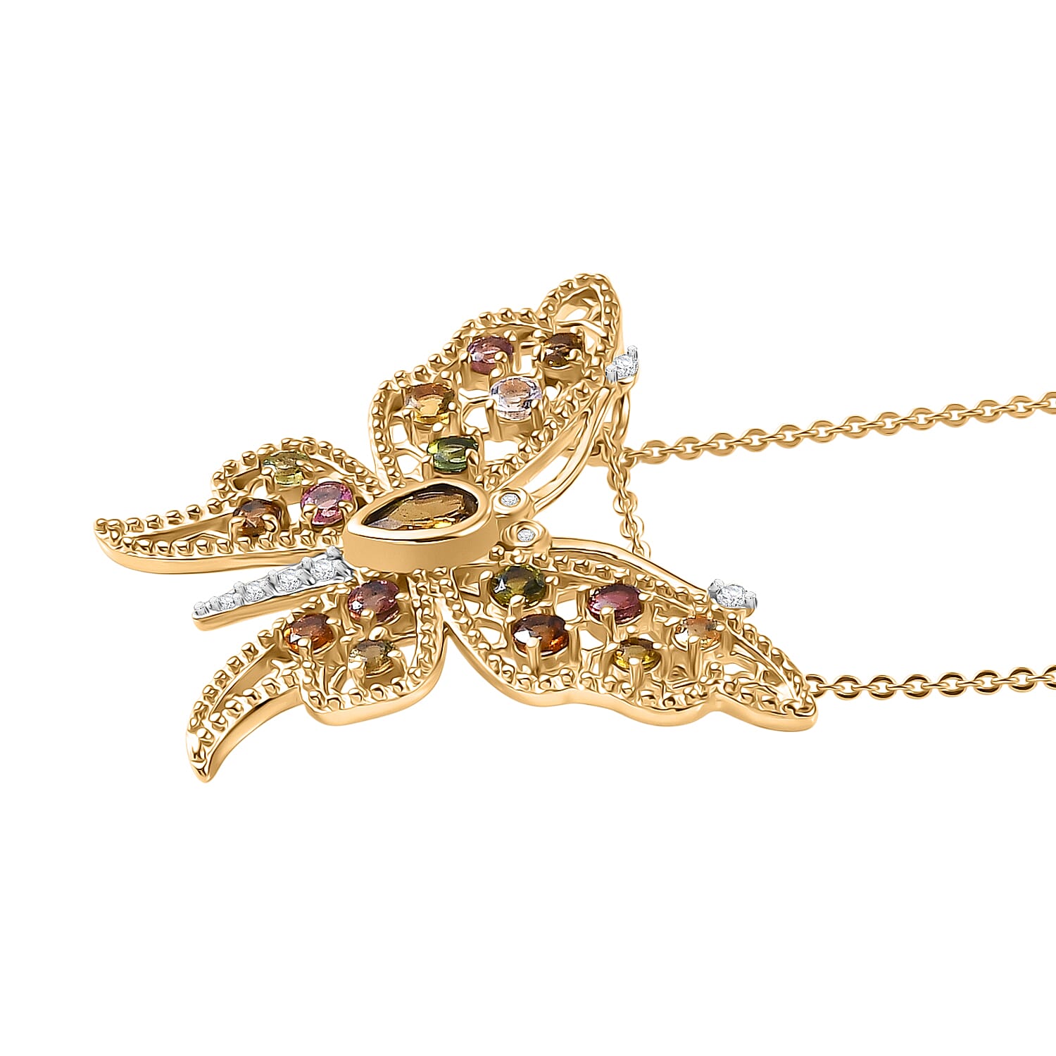 GP Italian Garden Collection - Multi-Tourmaline, Blue Sapphire &amp; White Zircon Butterfly Pendant with Chain (Size 20) in 18K Vermeil Yellow Gold Plated Sterling Silver 1.26 Ct 4435076 5