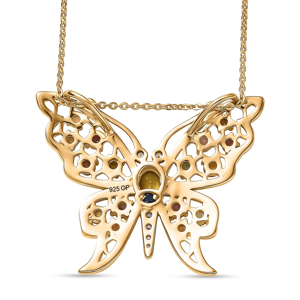 GP Italian Garden Collection - Multi-Tourmaline, Blue Sapphire &amp; White Zircon Butterfly Pendant with Chain (Size 20) in 18K Vermeil Yellow Gold Plated Sterling Silver 1.26 Ct 4435076 6