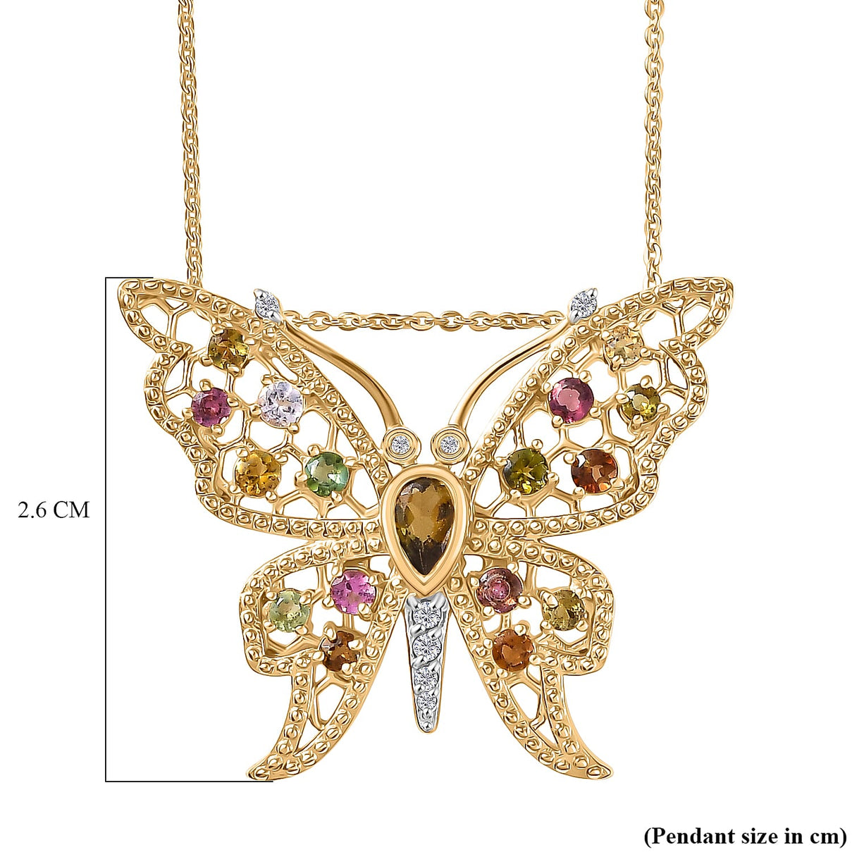 GP Italian Garden Collection - Multi-Tourmaline, Blue Sapphire &amp; White Zircon Butterfly Pendant with Chain (Size 20) in 18K Vermeil Yellow Gold Plated Sterling Silver 1.26 Ct 4435076 9
