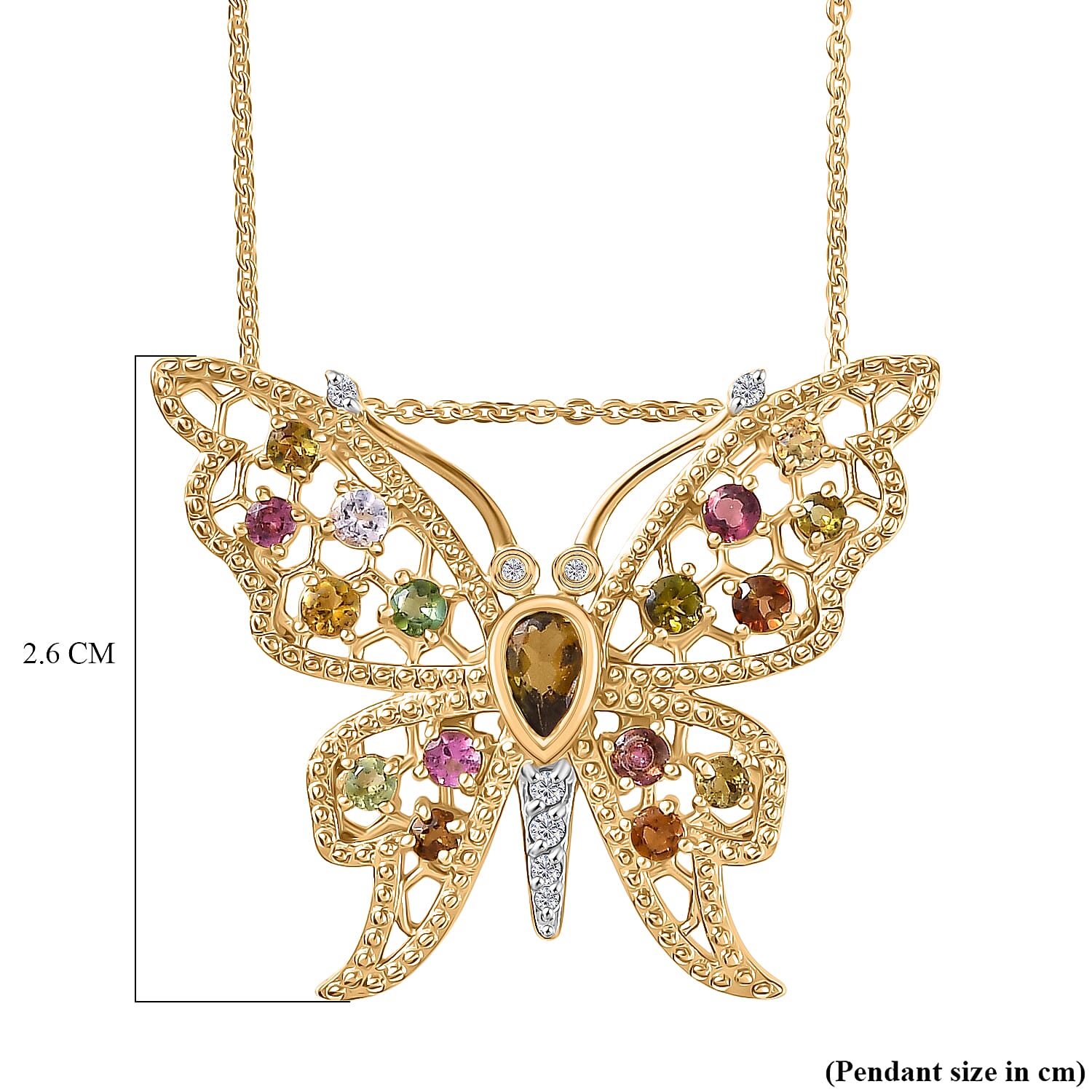GP Italian Garden Collection - Multi-Tourmaline, Blue Sapphire &amp; White Zircon Butterfly Pendant with Chain (Size 20) in 18K Vermeil Yellow Gold Plated Sterling Silver 1.26 Ct 4435076 9