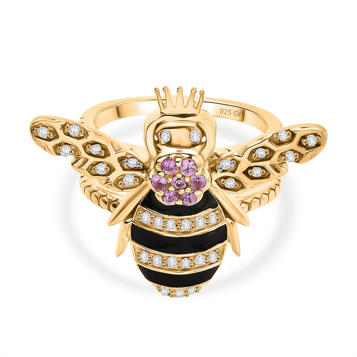 GP - Pink Sapphire, Green Sapphire, White Zircon &amp; Blue Sapphire Honeybee Ring in 18K Vermeil Yellow Gold Plated Sterling Silver 8253882 1