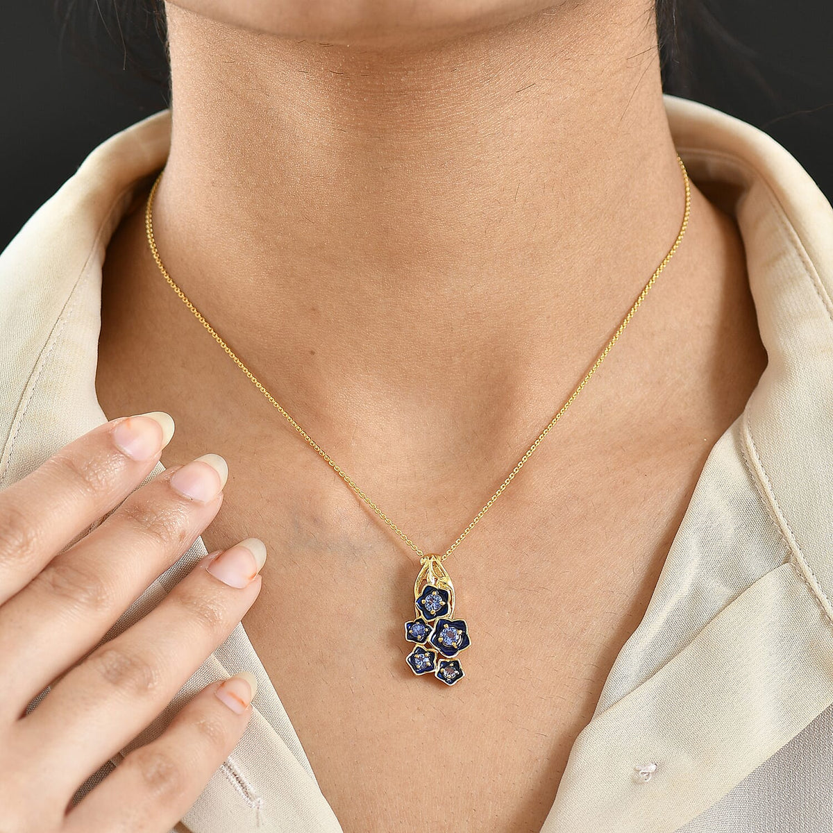 GP Italian Garden Collection - Tanzanite &amp; Blue Sapphire Cluster Floral Pendant with Chain (Size 20) in 18K Vermeil Yellow Gold Plated Sterling Silver 4435049 4