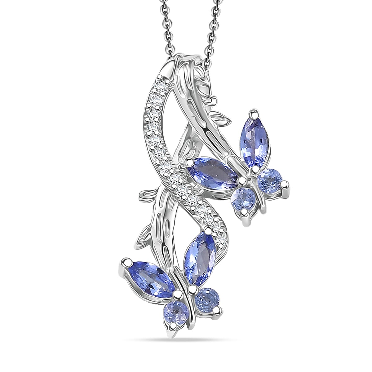 GP - Italian Garden Collection - Tanzanite, White Zircon &amp; Blue Sapphire Butterfly Pendant with Chain (Size 20) in Rhodium Overlay Sterling Silver 4434876 0