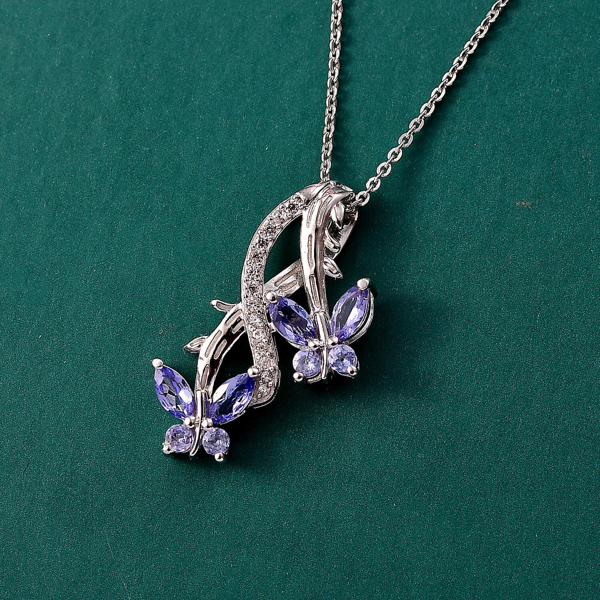 GP - Italian Garden Collection - Tanzanite, White Zircon &amp; Blue Sapphire Butterfly Pendant with Chain (Size 20) in Rhodium Overlay Sterling Silver 4434876 2
