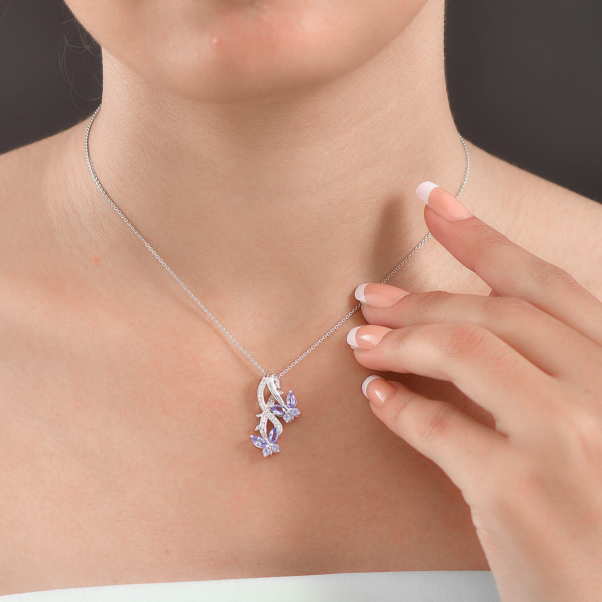 GP - Italian Garden Collection - Tanzanite, White Zircon &amp; Blue Sapphire Butterfly Pendant with Chain (Size 20) in Rhodium Overlay Sterling Silver 4434876 4