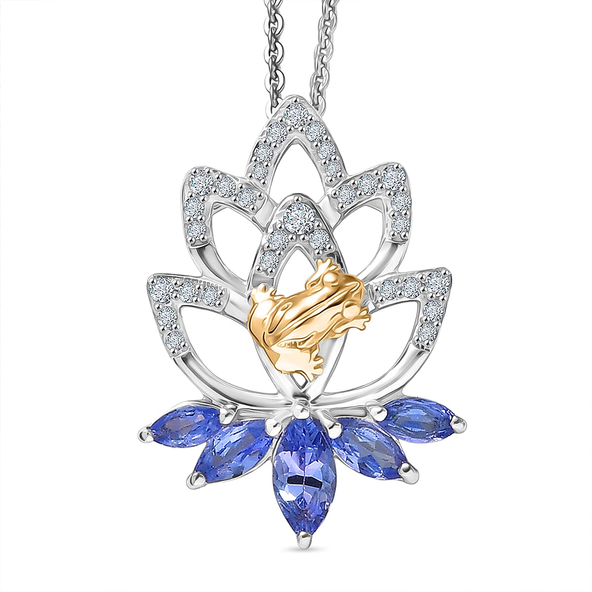 GP - Italian Garden Collection - Tanzanite, White Zircon &amp; Blue Sapphire Lotus Floral Pendant with Chain (Size 20) in Rhodium Overlay &amp; 18K Vermeil Yellow Gold Plated Sterling Silver 1.10 Ct. 4435031 0