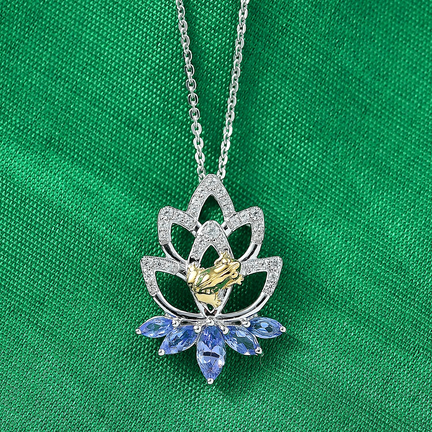 GP - Italian Garden Collection - Tanzanite, White Zircon &amp; Blue Sapphire Lotus Floral Pendant with Chain (Size 20) in Rhodium Overlay &amp; 18K Vermeil Yellow Gold Plated Sterling Silver 1.10 Ct. 4435031 2