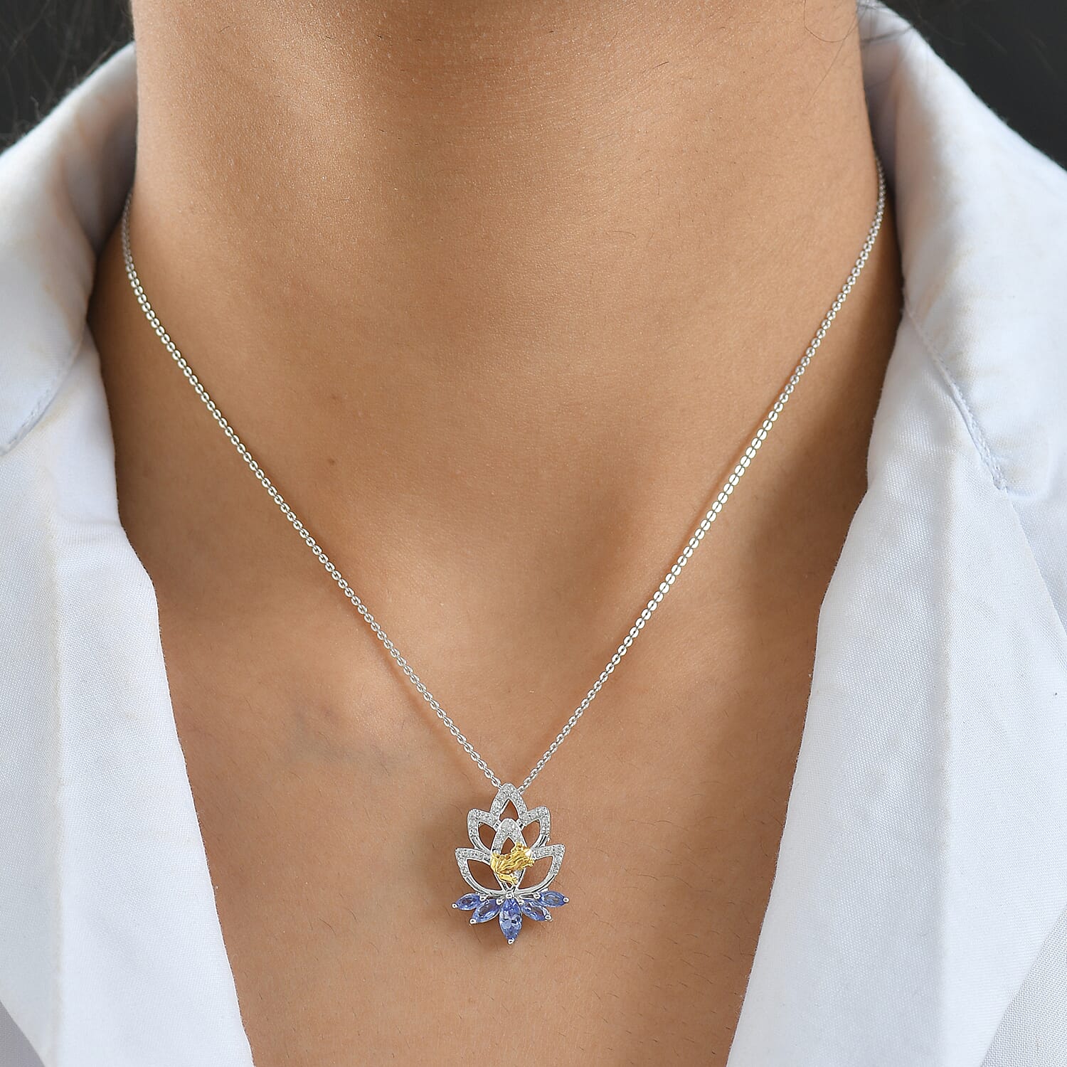 GP - Italian Garden Collection - Tanzanite, White Zircon &amp; Blue Sapphire Lotus Floral Pendant with Chain (Size 20) in Rhodium Overlay &amp; 18K Vermeil Yellow Gold Plated Sterling Silver 1.10 Ct. 4435031 3