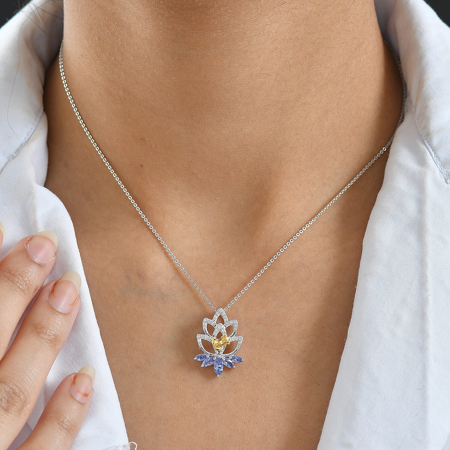 GP - Italian Garden Collection - Tanzanite, White Zircon &amp; Blue Sapphire Lotus Floral Pendant with Chain (Size 20) in Rhodium Overlay &amp; 18K Vermeil Yellow Gold Plated Sterling Silver 1.10 Ct. 4435031 4