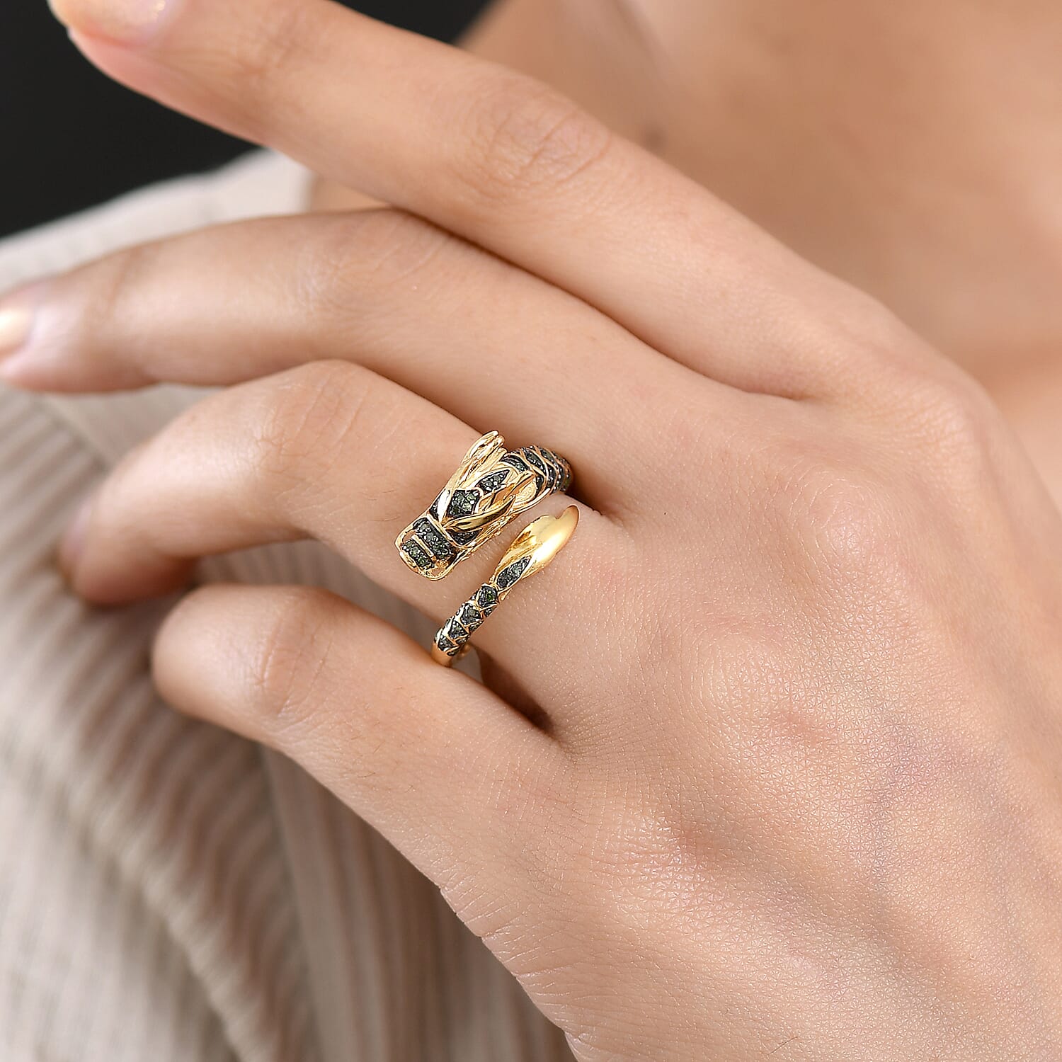 GP Kanchanaburi Blue Sapphire, Black Diamond &amp; Green Diamond Snake Ring in 18K Vermeil Yellow Gold Plated Sterling Silver 8415943 2