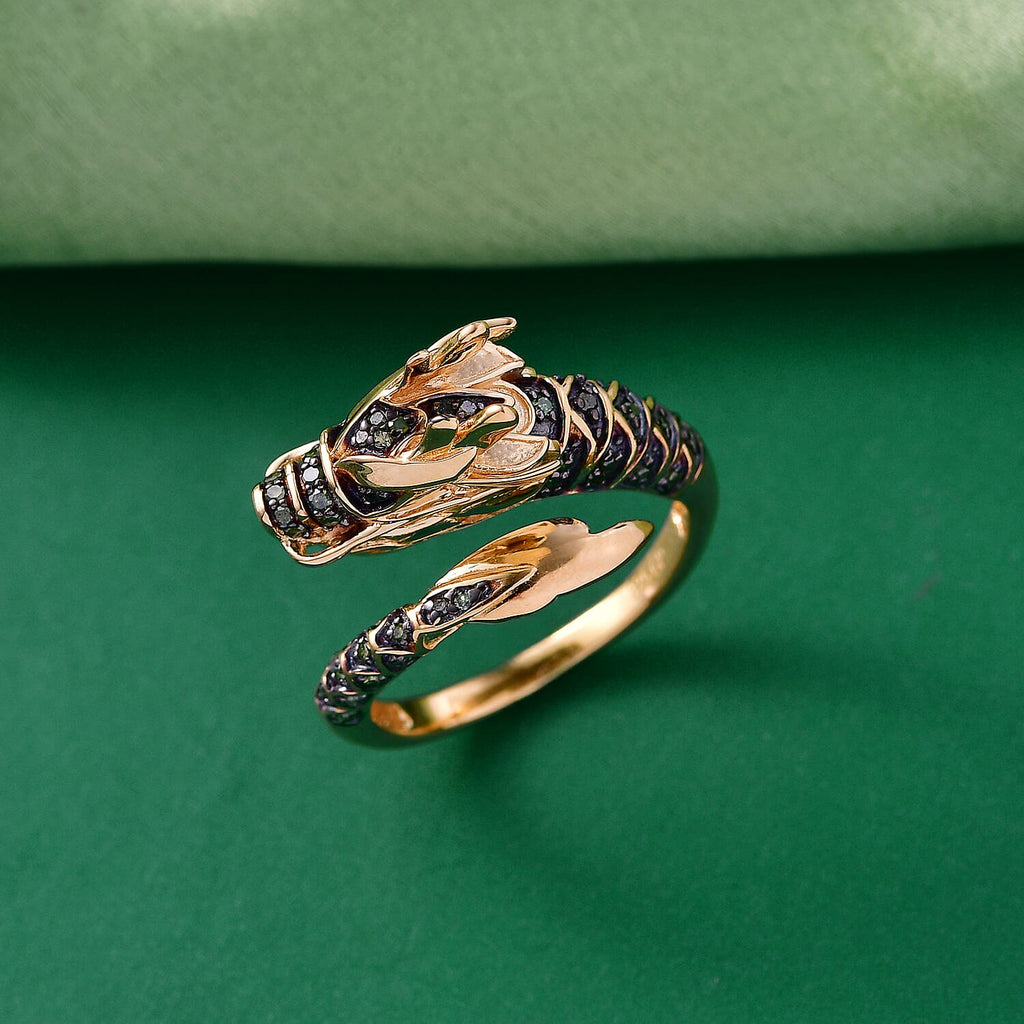 GP Kanchanaburi Blue Sapphire, Black Diamond & Green Diamond Snake Ring in 18K Vermeil Yellow Gold Plated Sterling Silver