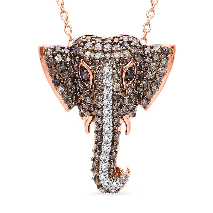 GP Family Legacy Italy - Natural Champagne Diamond With White &amp; Red Diamond &amp; Blue Sapphire Elephant Necklace (Size 20) in 18K Gold Vermeil Sterling Silver 0.50Ct 4463576 1
