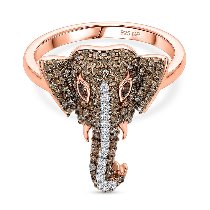 GP Family Legacy Italy - Natural Champagne Diamond With White &amp; Red Diamond &amp; Blue Sapphire Elephant Ring in 18K Gold Vermeil Sterling Silver 0.50Ct 8520905 1