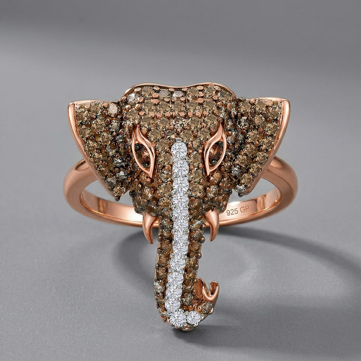 GP Family Legacy Italy - Natural Champagne Diamond With White &amp; Red Diamond &amp; Blue Sapphire Elephant Ring in 18K Gold Vermeil Sterling Silver 0.50Ct 8520905 2