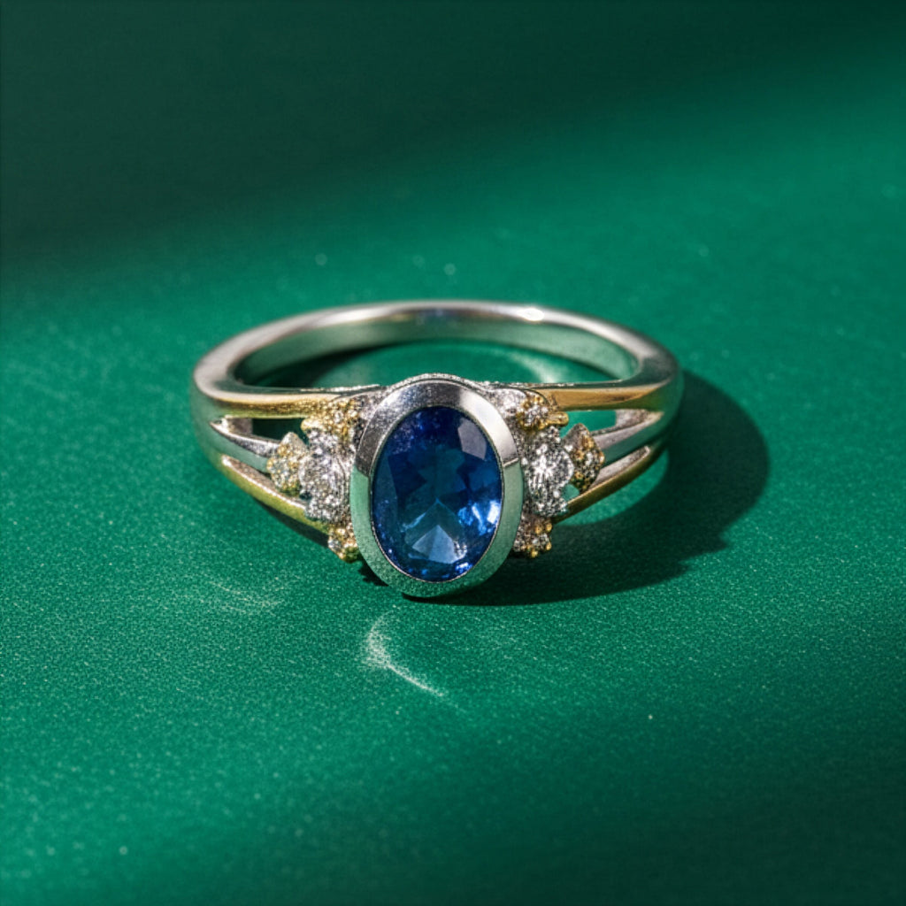 GP - Natural Kashmir Kyanite, White Zircon & Kanchanaburi Blue Sapphire Oval Cut Ring in Rhodium Overlay Sterling Silver 1.80 Ct.
