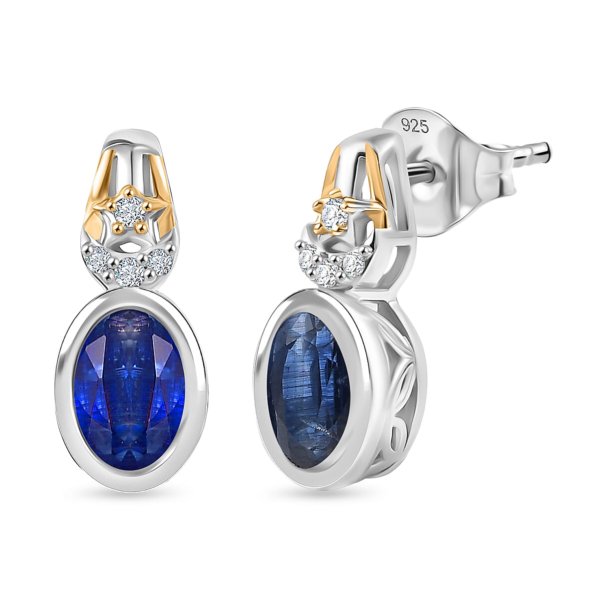 GP - Natural Kashmir Kyanite, White Zircon &amp; Blue Sapphire Stud Push Back Earring in Rhodium &amp; Yellow Gold Plated Sterling Silver 2.26 Ct. 8429671 0