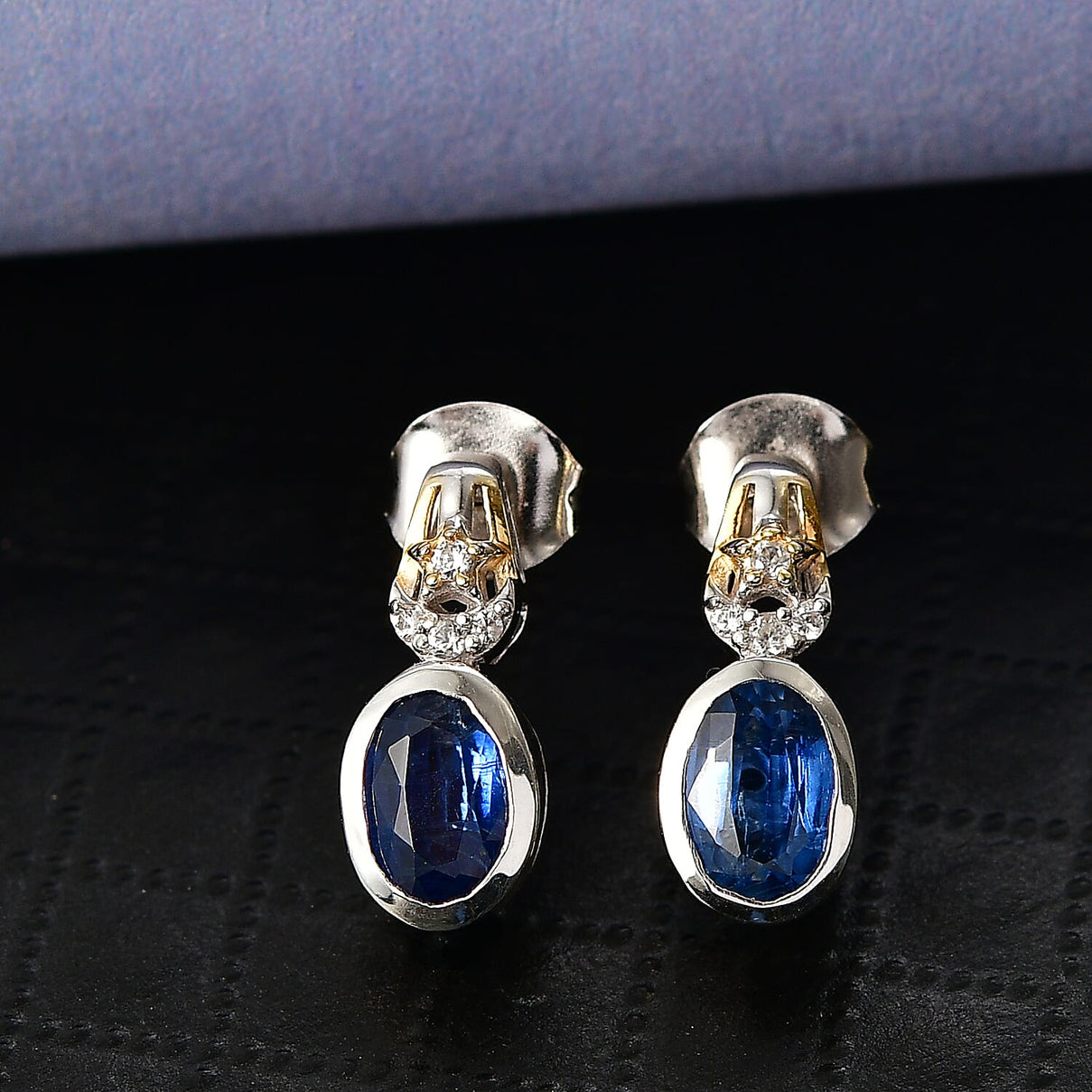GP - Natural Kashmir Kyanite, White Zircon &amp; Blue Sapphire Stud Push Back Earring in Rhodium &amp; Yellow Gold Plated Sterling Silver 2.26 Ct. 8429671 2