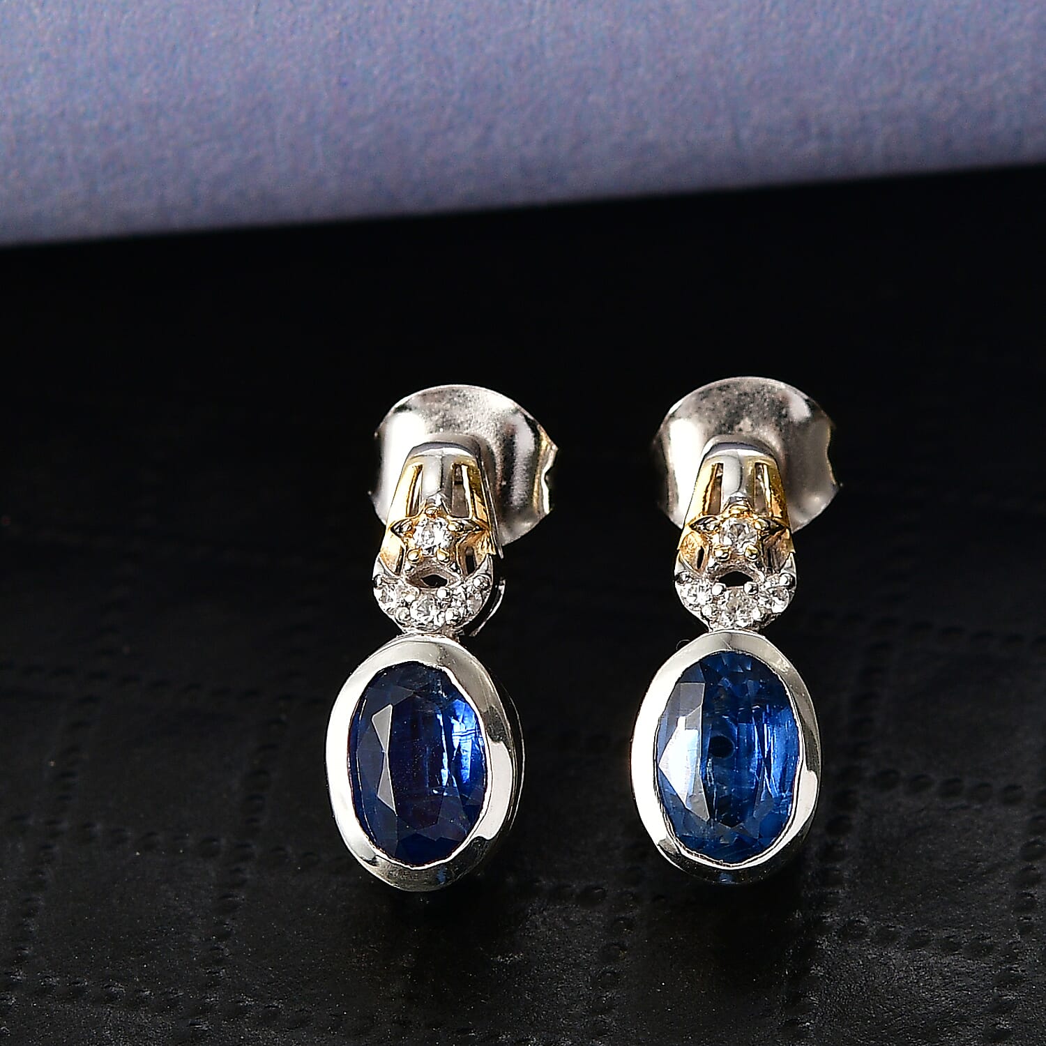 GP - Natural Kashmir Kyanite, White Zircon &amp; Blue Sapphire Stud Push Back Earring in Rhodium &amp; Yellow Gold Plated Sterling Silver 2.26 Ct. 8429671 2