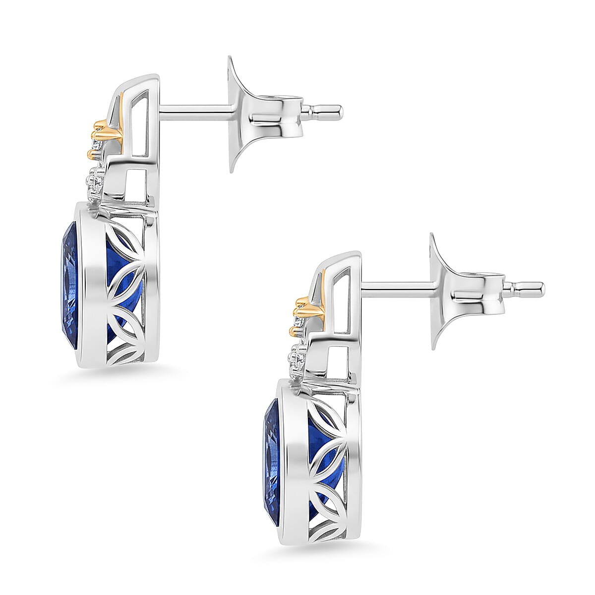 GP - Natural Kashmir Kyanite, White Zircon &amp; Blue Sapphire Stud Push Back Earring in Rhodium &amp; Yellow Gold Plated Sterling Silver 2.26 Ct. 8429671 4