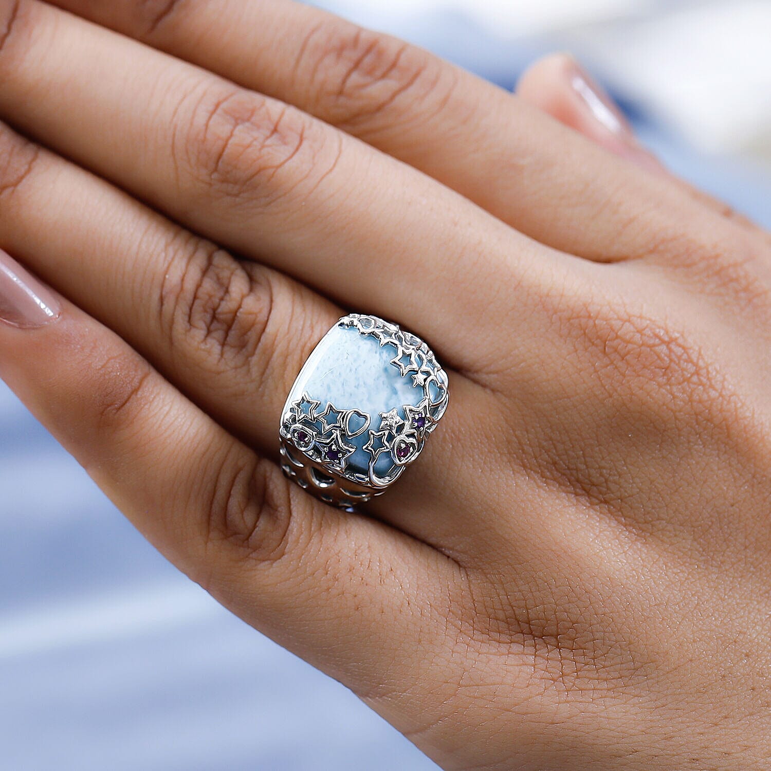 GP Celestial Dream Collection - Larimar, Natural Zircon and Multi Gemstone Ring in Platinum Overlay Sterling Silver 14.09 Ct, Silver Wt 6.30 Gms 7280464 5