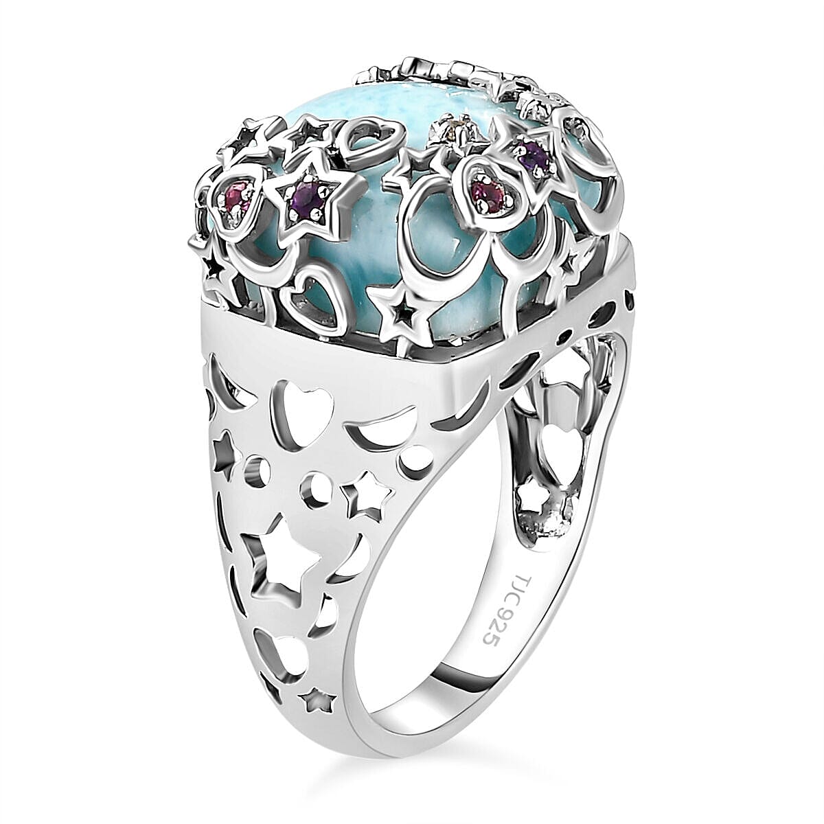 GP Celestial Dream Collection - Larimar, Natural Zircon and Multi Gemstone Ring in Platinum Overlay Sterling Silver 14.09 Ct, Silver Wt 6.30 Gms 7280464 7