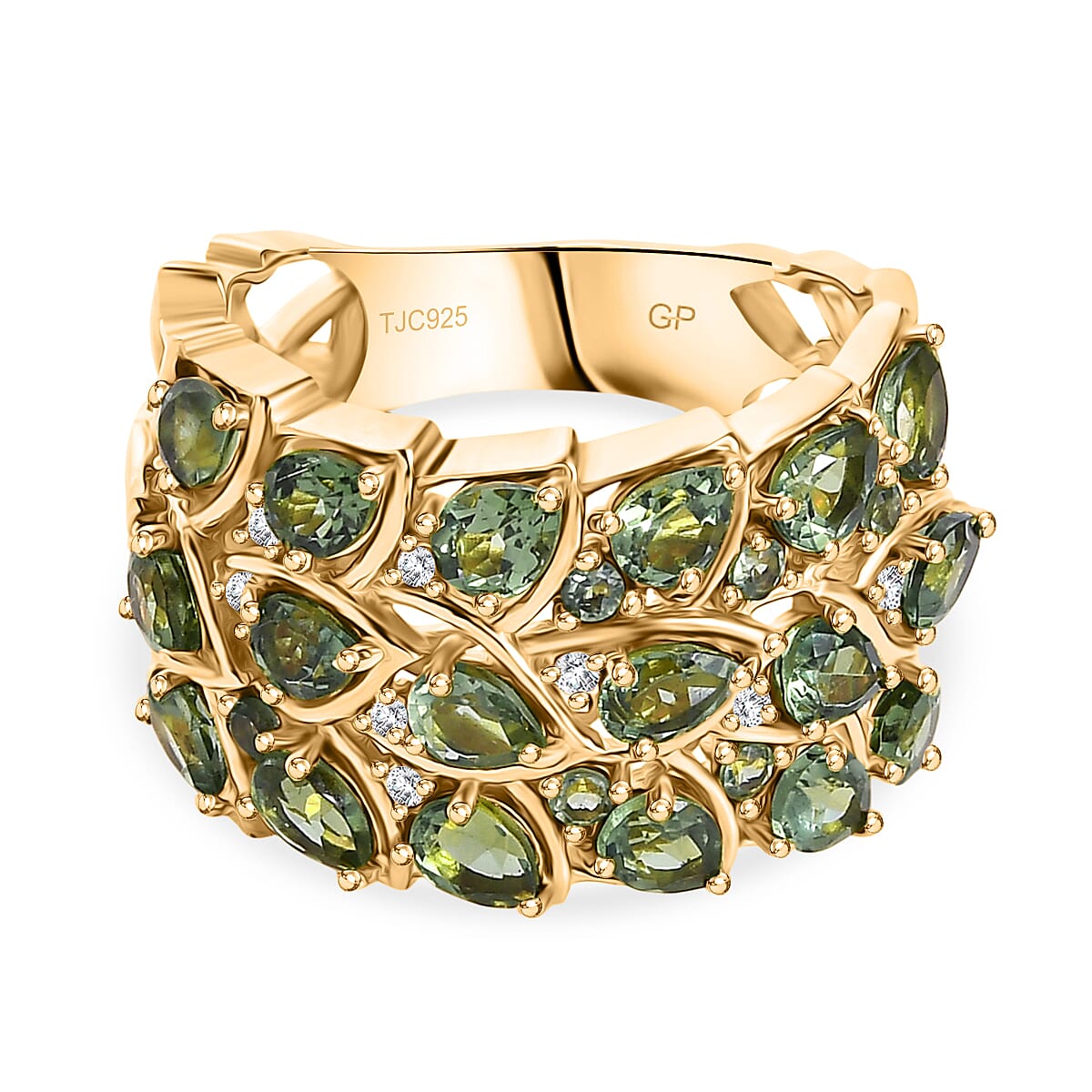 GP Leaf Collection - Green Apatite, White Zircon Cluster Ring in 18K Vermeil Yellow Gold Plated Sterling Silver 3.43 Ct. 8093873 0