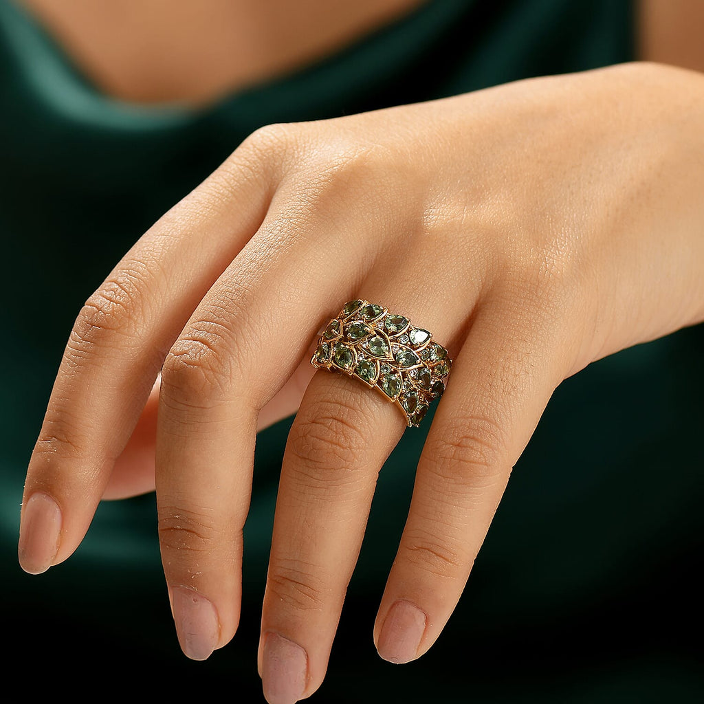GP Leaf Collection - Green Apatite, Blue Sapphire & White Zircon Cluster Ring in 18K Vermeil Yellow Gold Plated Sterling Silver 3.43 Ct.