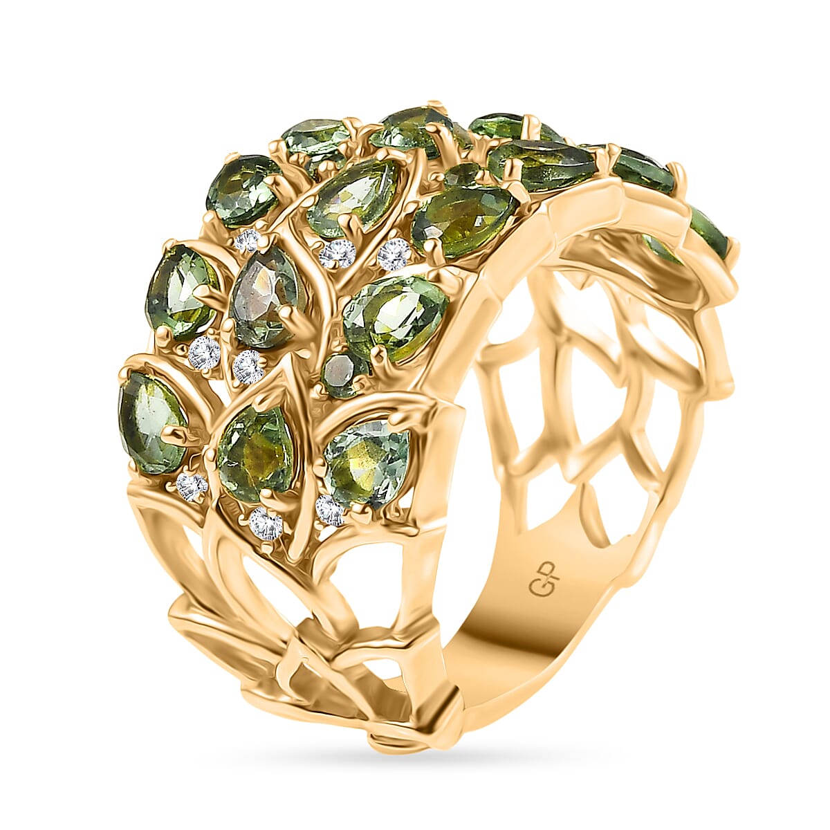 GP Leaf Collection - Green Apatite, White Zircon Cluster Ring in 18K Vermeil Yellow Gold Plated Sterling Silver 3.43 Ct. 8093873 5