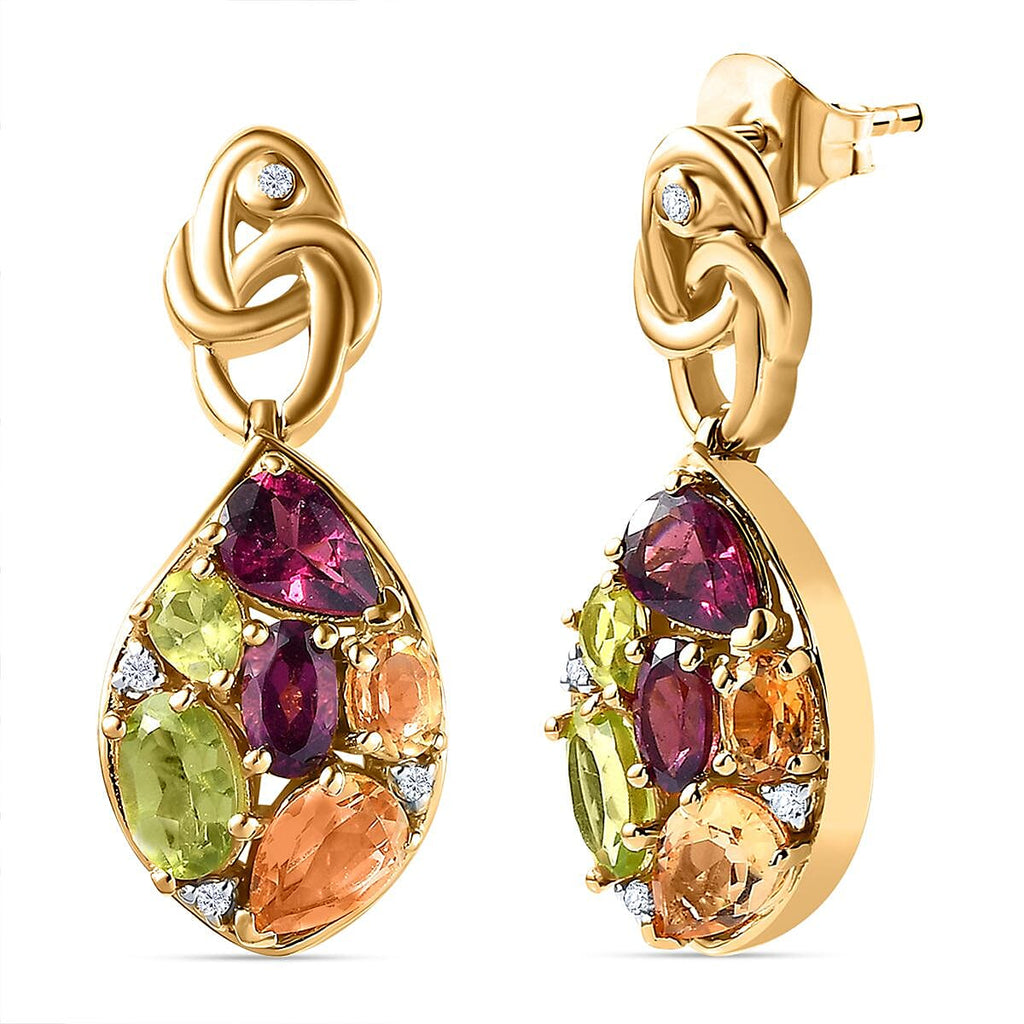 GP Leaf Collection - Rhodolite Garnet & Multi Gemstone Earrings in 18K YG Vermeil Plated Sterling Silver 4.10 Ct, Silver Wt. 5.50 Gms