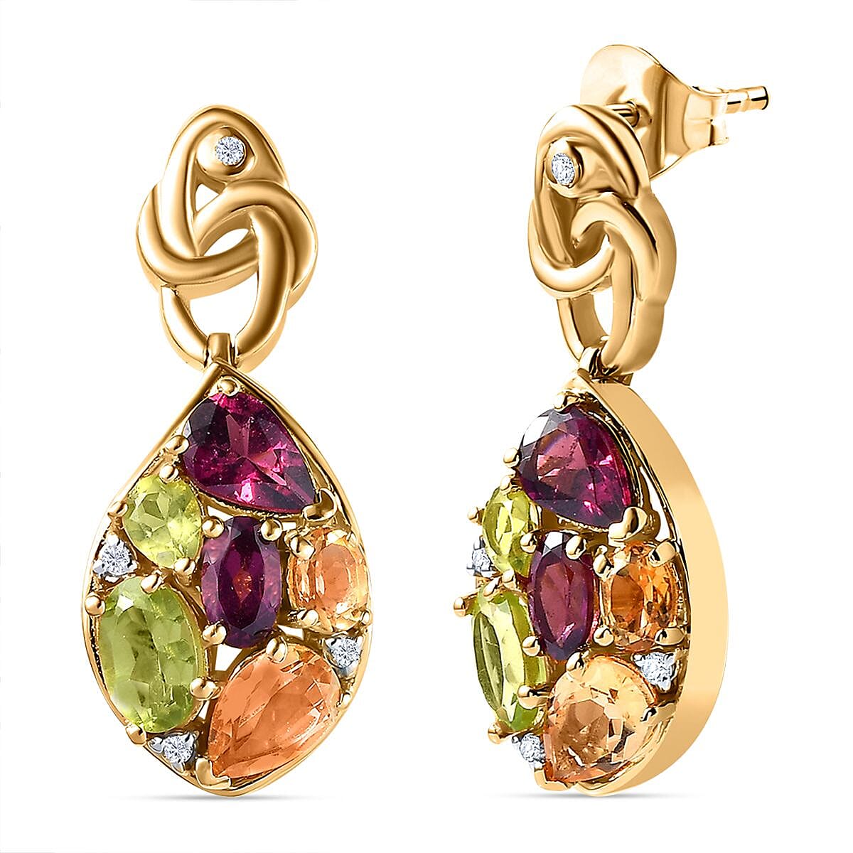 GP Leaf Collection - Rhodolite Garnet &amp; Multi Gemstone Earrings in 18K YG Vermeil Plated Sterling Silver 4.10 Ct, Silver Wt. 5.50 Gms 7763182 0