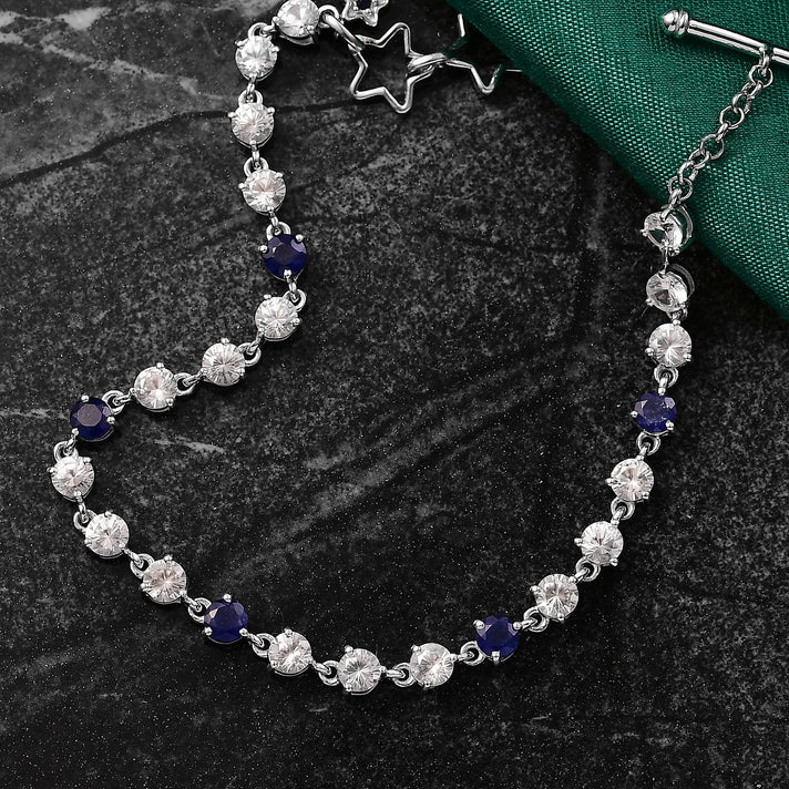 GP - Signature Collection Masoala Sapphire, Blue Sapphire &amp; White Zircon Line Bracelet 1 Row (Size 7.5) in Rhodium Overlay Sterling Silver 9.69 Ct, Silver Wt. 6.07 Gms. 8320005 2