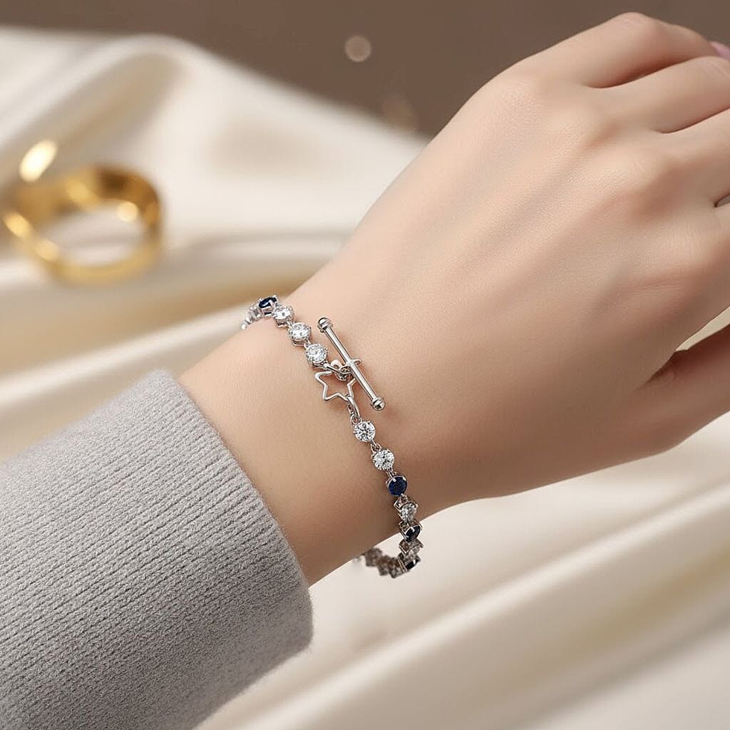 Live From Vicenza GP Royal Art Deco Collection - Masoala Sapphire, Blue Sapphire &amp; White Zircon Star Charm Bracelet (Size 7.5) in Rhodium Overlay Sterling Silver 9.70 Ct. 8320005 4