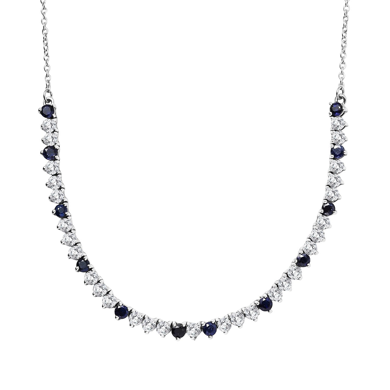 GP- Signature Collection Masoala Sapphire, Blue Sapphire &amp; White Zircon Line Necklace (Size 20) in Rhodium Overlay Sterling Silver 7.20 Ct, Silver Wt. 9.34 Gms. 8320006 0