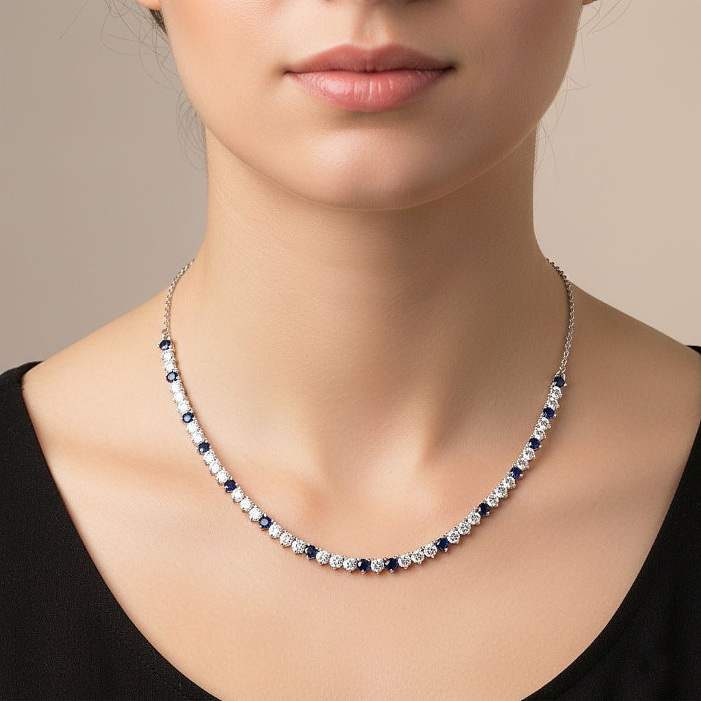 GP- Signature Collection Masoala Sapphire, Blue Sapphire &amp; White Zircon Line Necklace (Size 20) in Rhodium Overlay Sterling Silver 7.20 Ct, Silver Wt. 9.34 Gms. 8320006 3