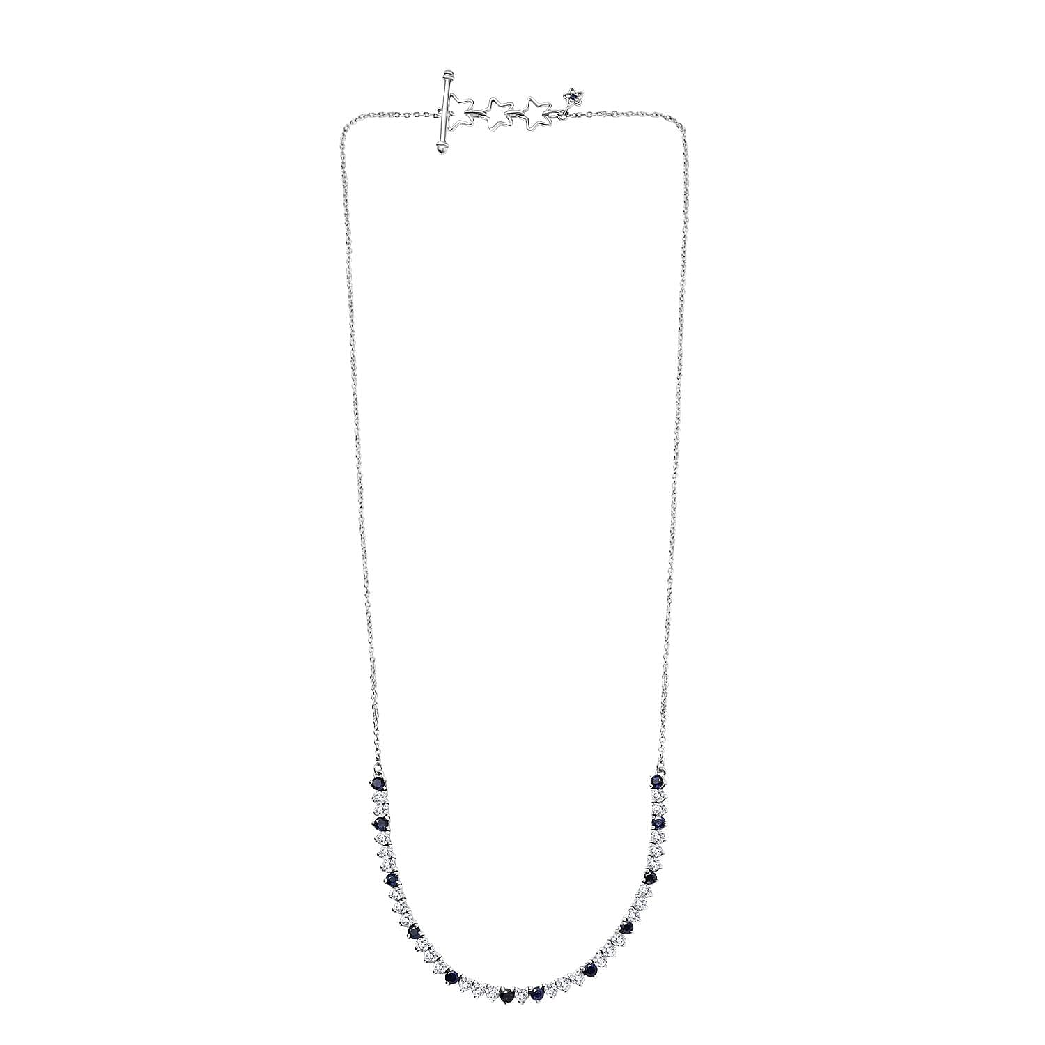 GP- Signature Collection Masoala Sapphire, Blue Sapphire &amp; White Zircon Line Necklace (Size 20) in Rhodium Overlay Sterling Silver 7.20 Ct, Silver Wt. 9.34 Gms. 8320006 4