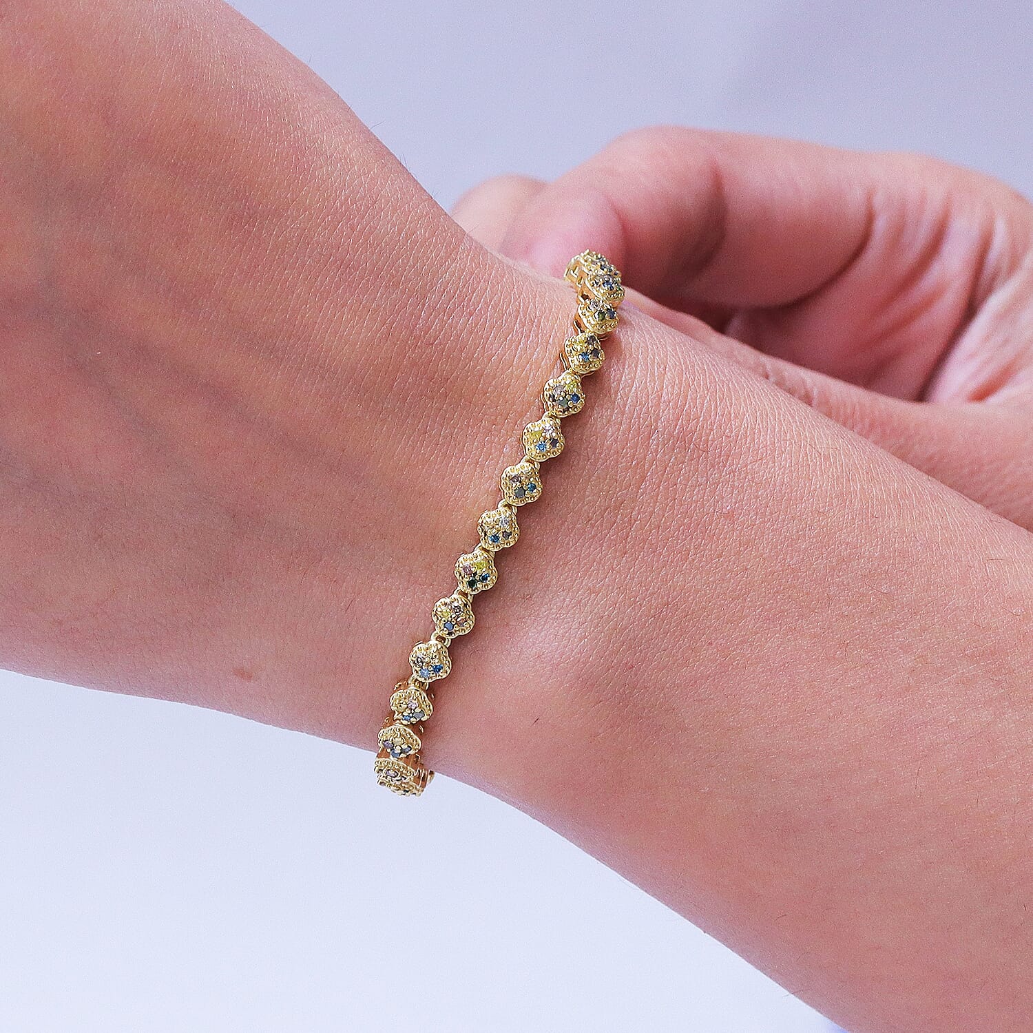 Multi Diamond &amp; Blue Sapphire Tennis Bracelet (Size - 7.5) with GB Lock Box in 18K Gold Vermeil Sterling Silver 1.00 Ct, Silver Wt. 9.85 Gms V32530195 2
