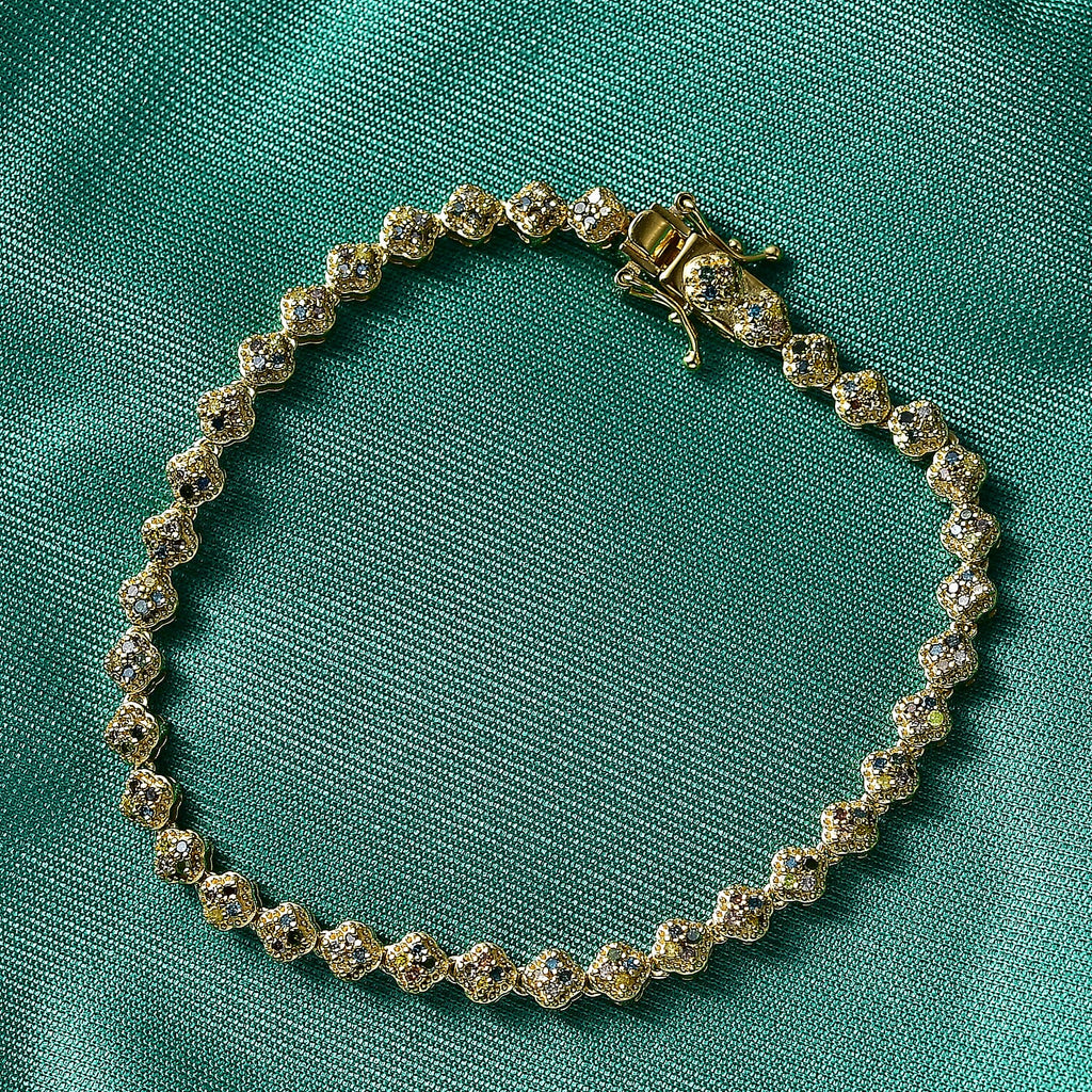GP - Multi Diamond & Blue Sapphire Tennis Bracelet (Size - 7.5) with GB Lock Box in 18K Vermeil Yellow Gold Plated Sterling Silver 1.00 Ct, Silver Wt. 9.85 Gms