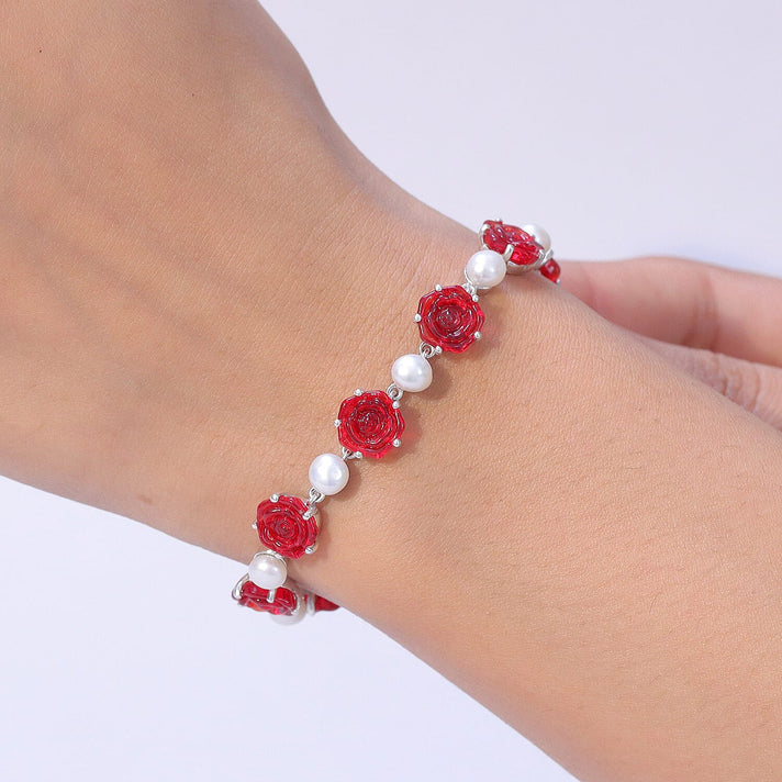 GP - Murano Glass, Blue Sapphire &amp; Pearl Bracelet (Size - 7.5) with Lobster Clasp in Rhodium Overlay Sterling Silver 8561369 2