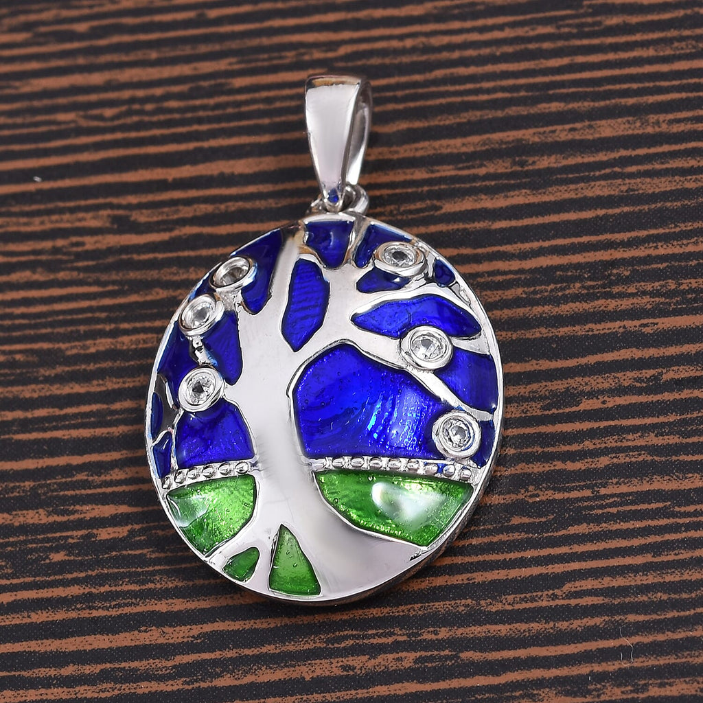 GP - Natural Cambodian Zircon & Blue Sapphire Enamelled Tree Pendant in Platinum Overlay Sterling Silver