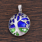 GP - Natural Cambodian Zircon & Blue Sapphire Enamelled Tree Pendant in Platinum Overlay Sterling Silver