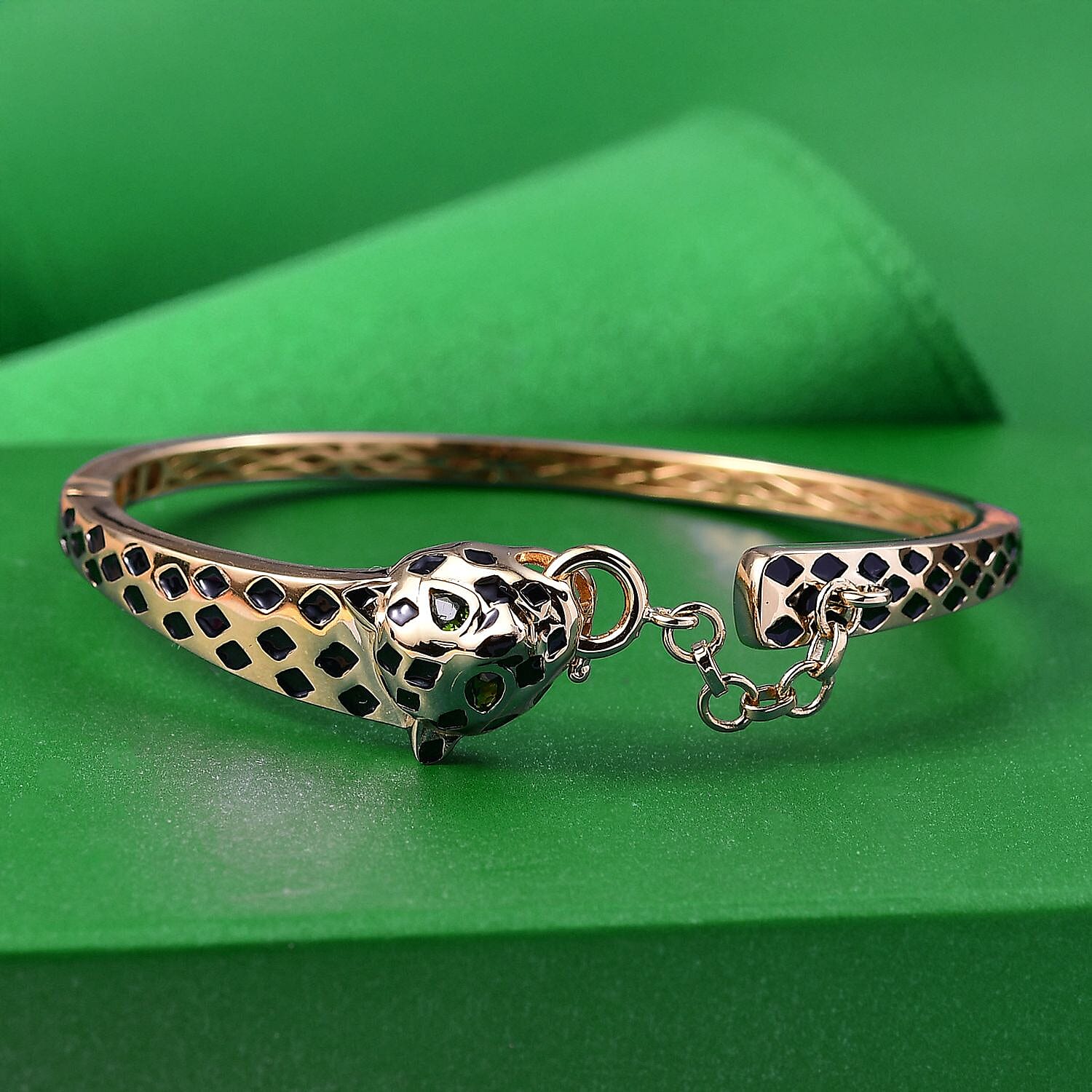 GP Leopard Totem Collection Natural Chrome Diopside &amp; Blue Sapphire Full Bangle (Size 7.5) in 18K Vermeil Yellow Gold Plated Sterling Silver, Silver Wt. 22.59 Gms. 8302162 2