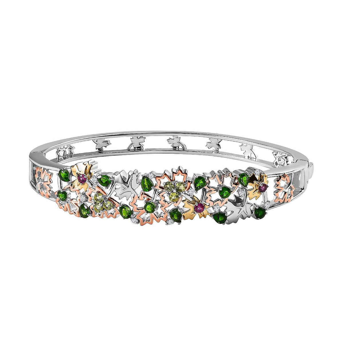 GP Maple Leaf Collection - Natural Chrome Diopside &amp; Multi Gemstone Bangle (Size 7.5) in Two-Tone Plated Sterling Silver 3.65 Ct, Silver Wt. 25.80 Gms 7643011 0