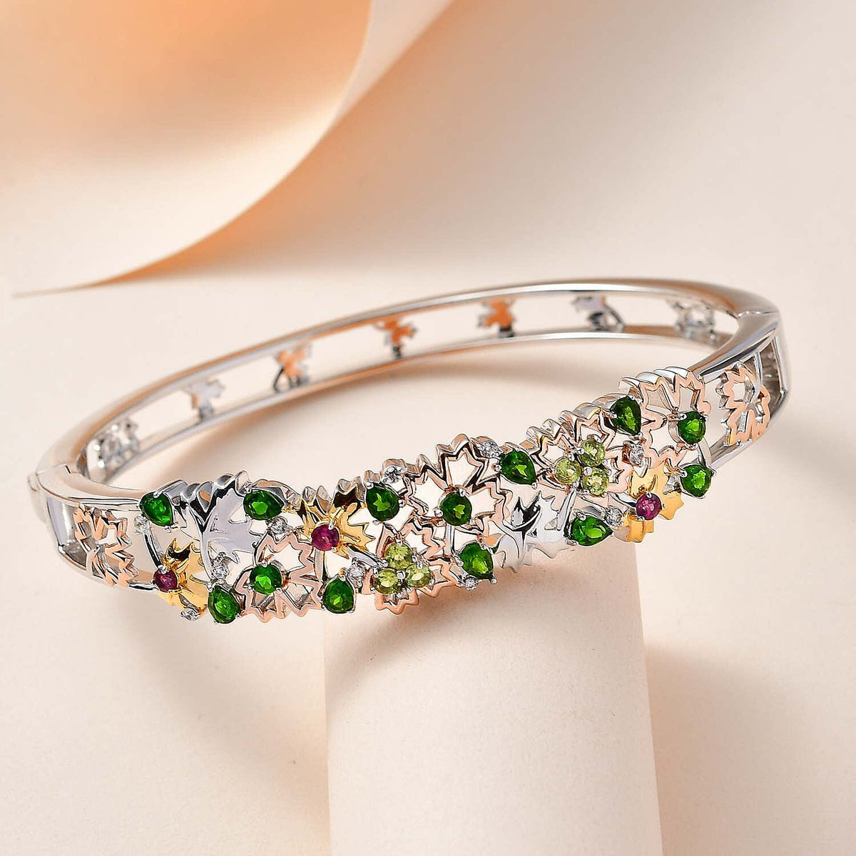 GP Maple Leaf Collection - Natural Chrome Diopside &amp; Multi Gemstone Bangle (Size 7.5) in Two-Tone Plated Sterling Silver 3.65 Ct, Silver Wt. 25.80 Gms 7643011 1