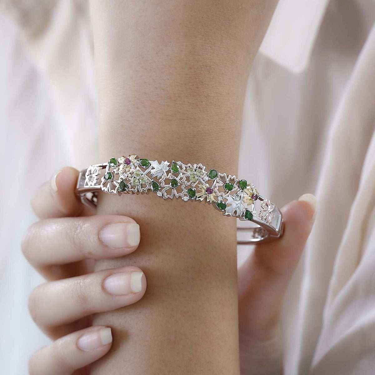 GP Maple Leaf Collection - Natural Chrome Diopside &amp; Multi Gemstone Bangle (Size 7.5) in Two-Tone Plated Sterling Silver 3.65 Ct, Silver Wt. 25.80 Gms 7643011 2
