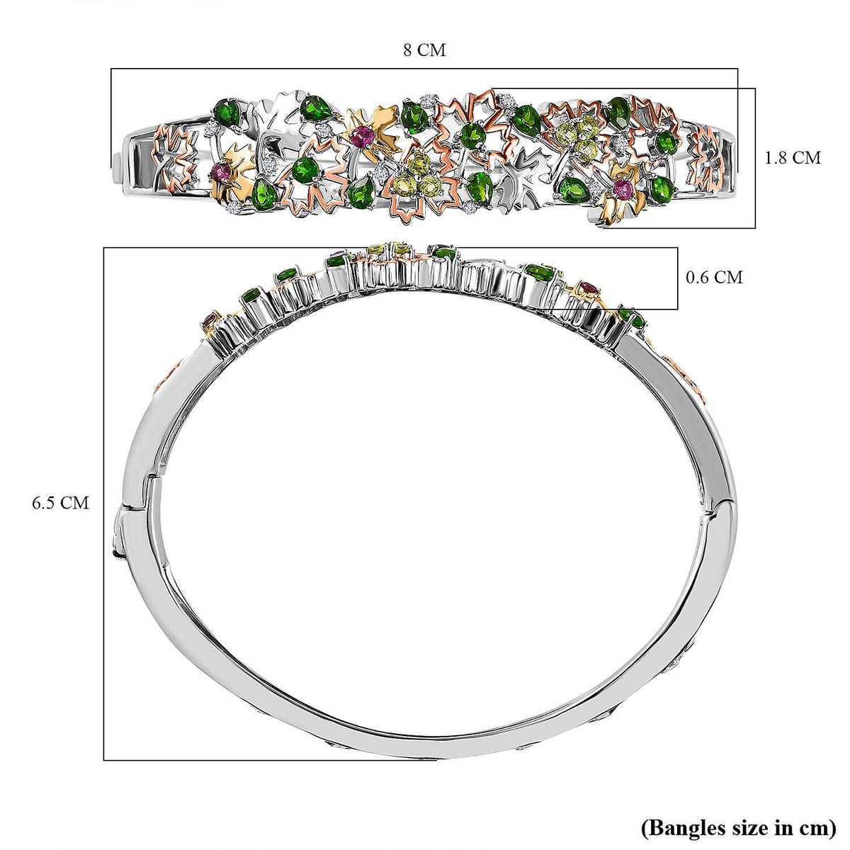 GP Maple Leaf Collection - Natural Chrome Diopside &amp; Multi Gemstone Bangle (Size 7.5) in Two-Tone Plated Sterling Silver 3.65 Ct, Silver Wt. 25.80 Gms 7643011 5