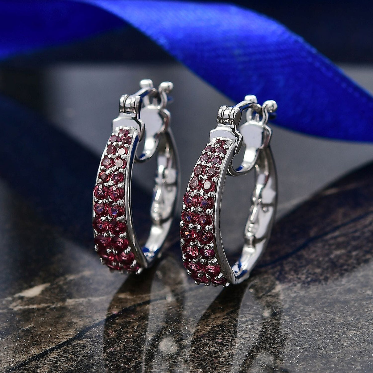 GP- Italian Garden Collection Orissa Rose Garnet, Blue Sapphire Full Hoop Earring in Rhodium Overlay Sterling Silver 2.36 Ct, Silver Wt. 7.53 Gms. 8302714 2