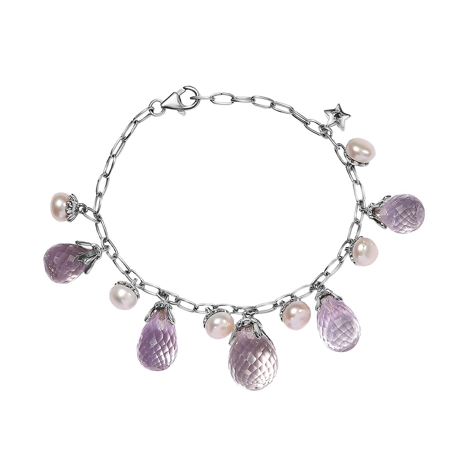 GP - Pink Amethyst and White Pearl Charms Bracelet (Size - 7.5) in Platinum Overlay Sterling Silver 59.38 Ct, Silver Wt. 8.39 Gms 7341659 0