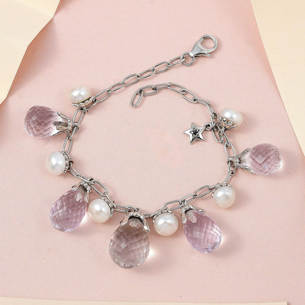 GP - Pink Amethyst and White Pearl Charms Bracelet (Size - 7.5) in Platinum Overlay Sterling Silver 59.38 Ct, Silver Wt. 8.39 Gms 7341659 1