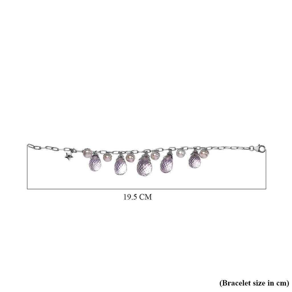 GP - Pink Amethyst and White Pearl Charms Bracelet (Size - 7.5) in Platinum Overlay Sterling Silver 59.38 Ct, Silver Wt. 8.39 Gms